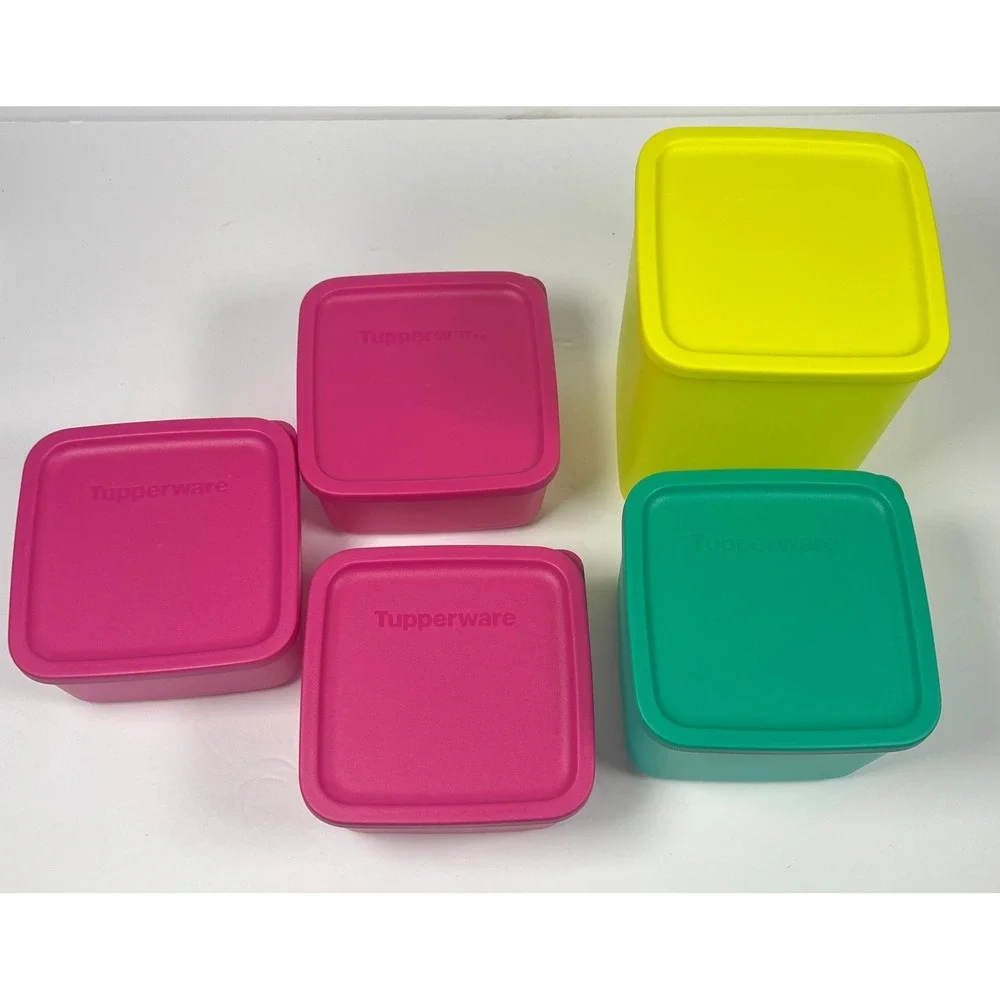 Tupperware Basic Bright Square Storage Container Set 5 Pink Yellow Green